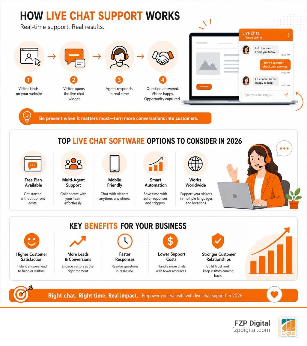 Infographic showing how live chat support works in real-time on a website, with top software options and key benefits Infographic showing how live chat support works in real-time on a website, with top software options and key benefits