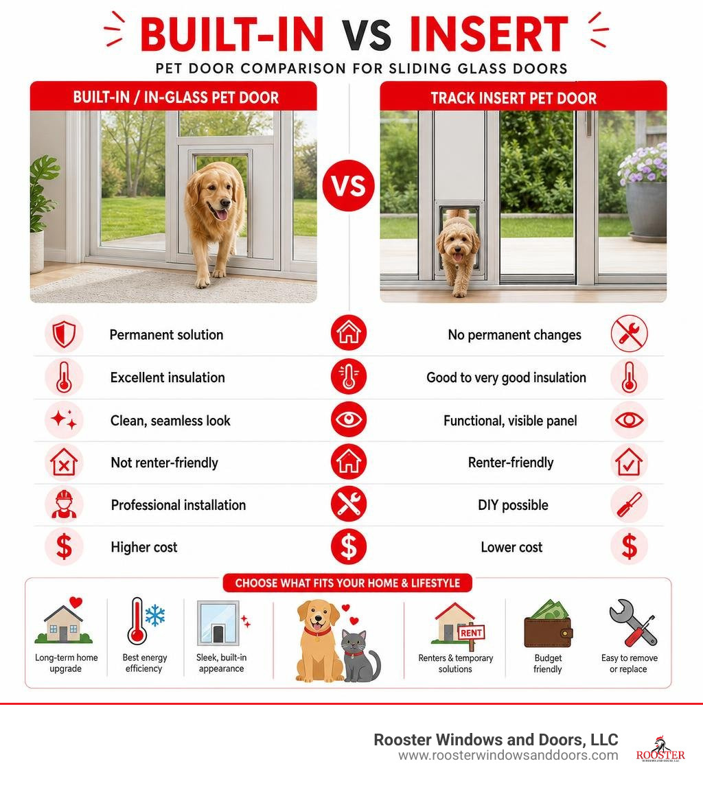 Built-in vs insert pet door comparison infographic for sliding glass doors infographic Built-in vs insert pet door comparison infographic for sliding glass doors infographic