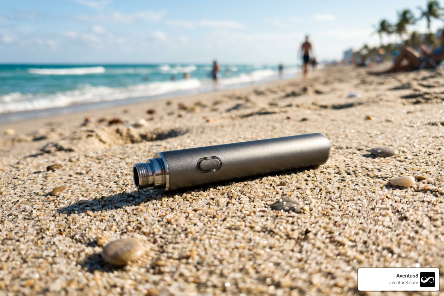 A premium 510-thread vape battery sitting on the sunny sands of Hollywood Beach A premium 510-thread vape battery sitting on the sunny sands of Hollywood Beach