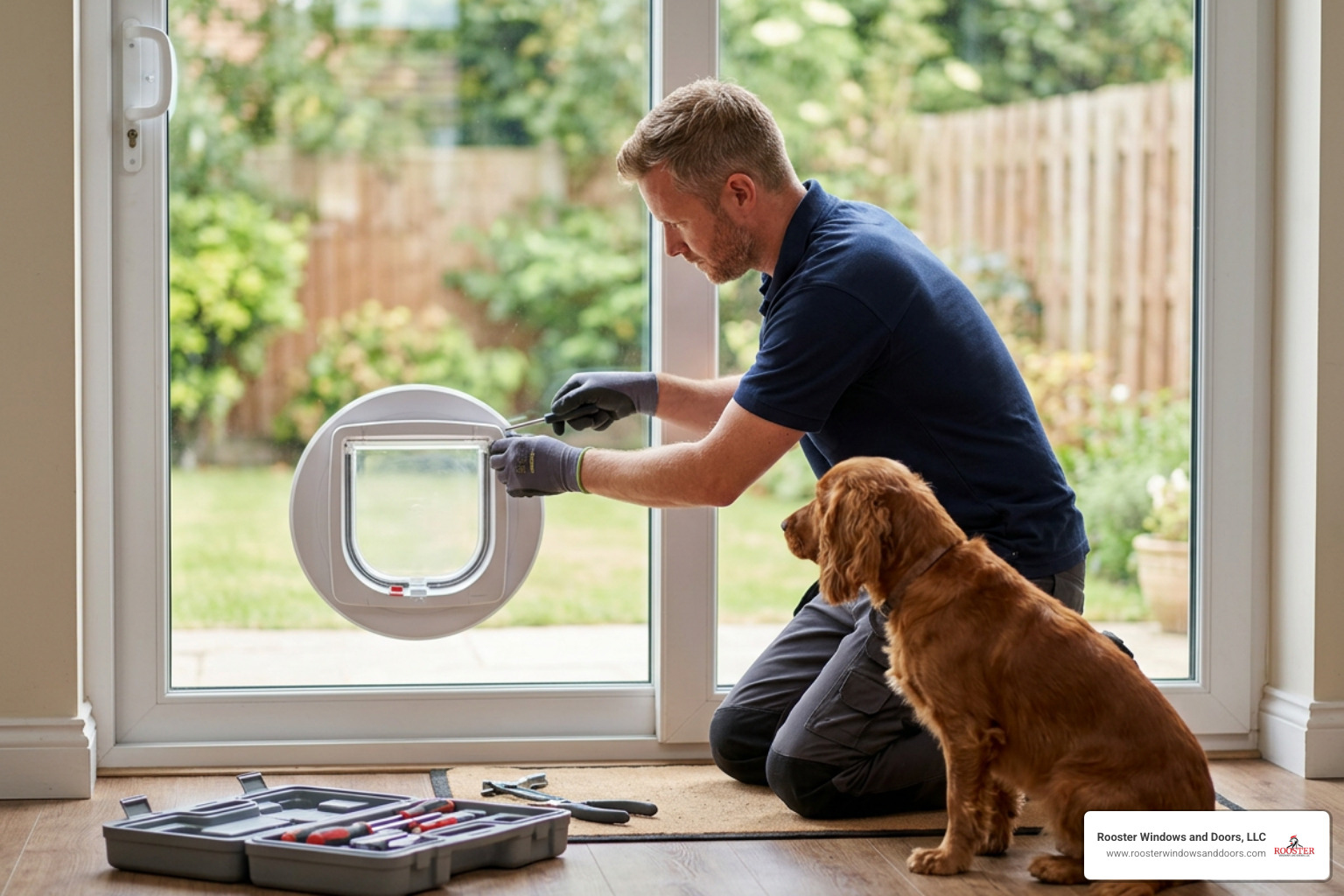 A professional glazier installing an in-glass pet door A professional glazier installing an in-glass pet door