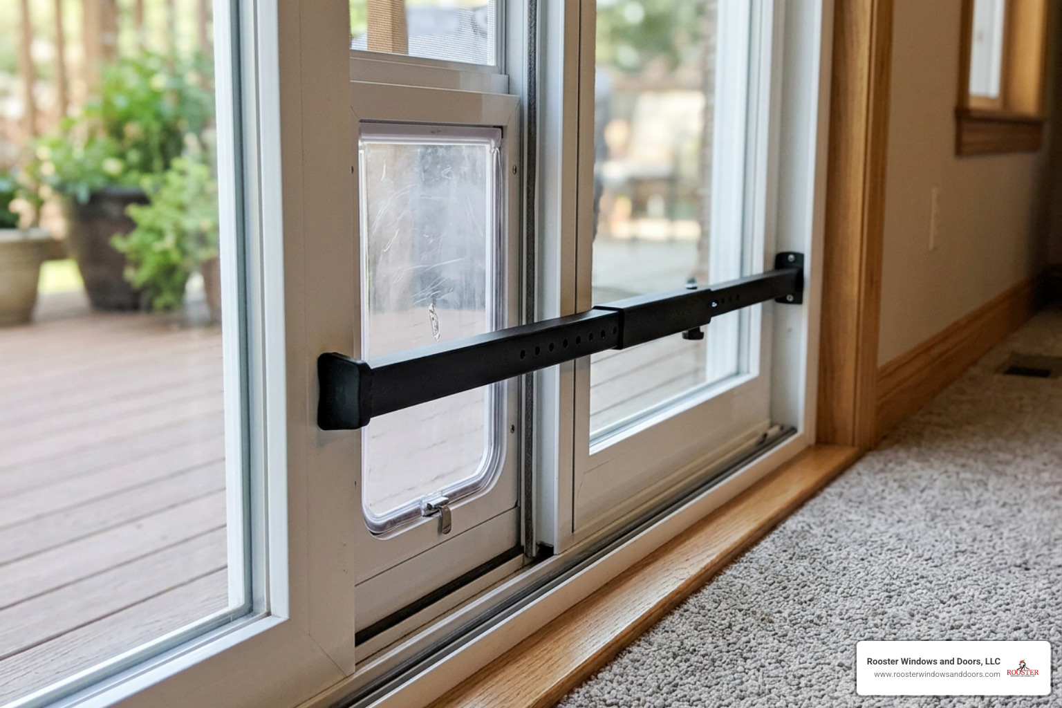 Secure locking mechanism on a sliding patio door with dog door Secure locking mechanism on a sliding patio door with dog door