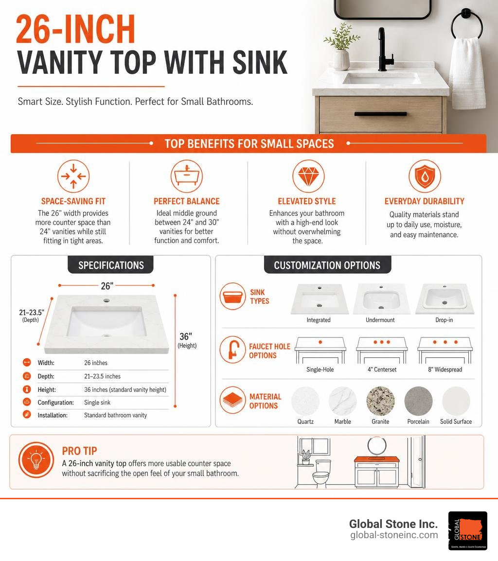 Infographic showing key benefits and specs of a 26-inch vanity top with sink for small bathrooms infographic Infographic showing key benefits and specs of a 26-inch vanity top with sink for small bathrooms infographic