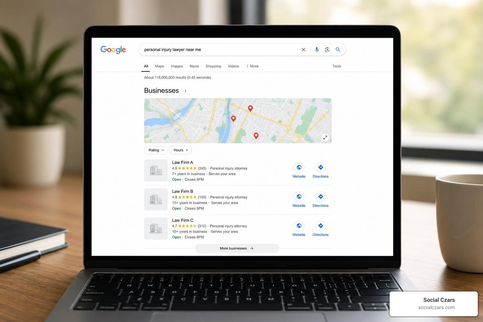 Google Business Profile local pack optimization example showing map and top three law firm listings
