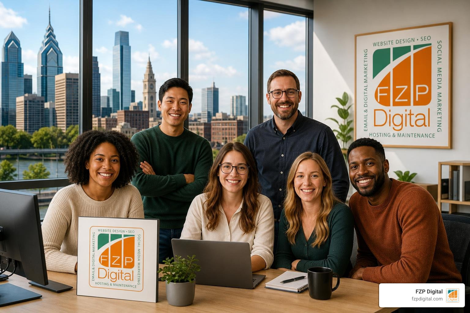 Warm and inviting image of a support team in Philadelphia with the local skyline and FZP Digital logo Warm and inviting image of a support team in Philadelphia with the local skyline and FZP Digital logo