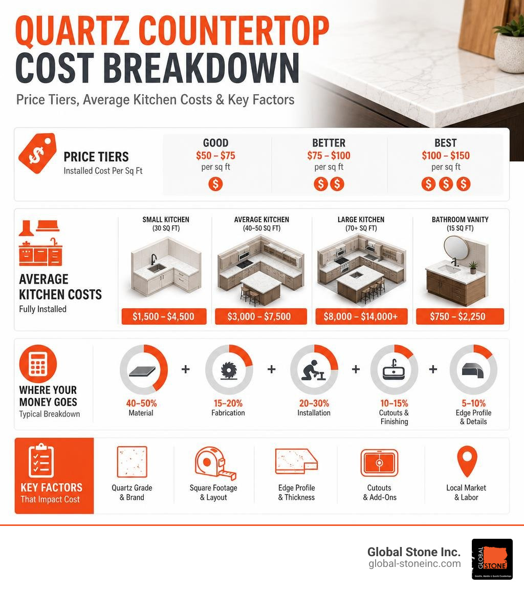 Quartz countertop cost breakdown infographic showing price tiers, average kitchen costs, and key factors infographic Quartz countertop cost breakdown infographic showing price tiers, average kitchen costs, and key factors infographic