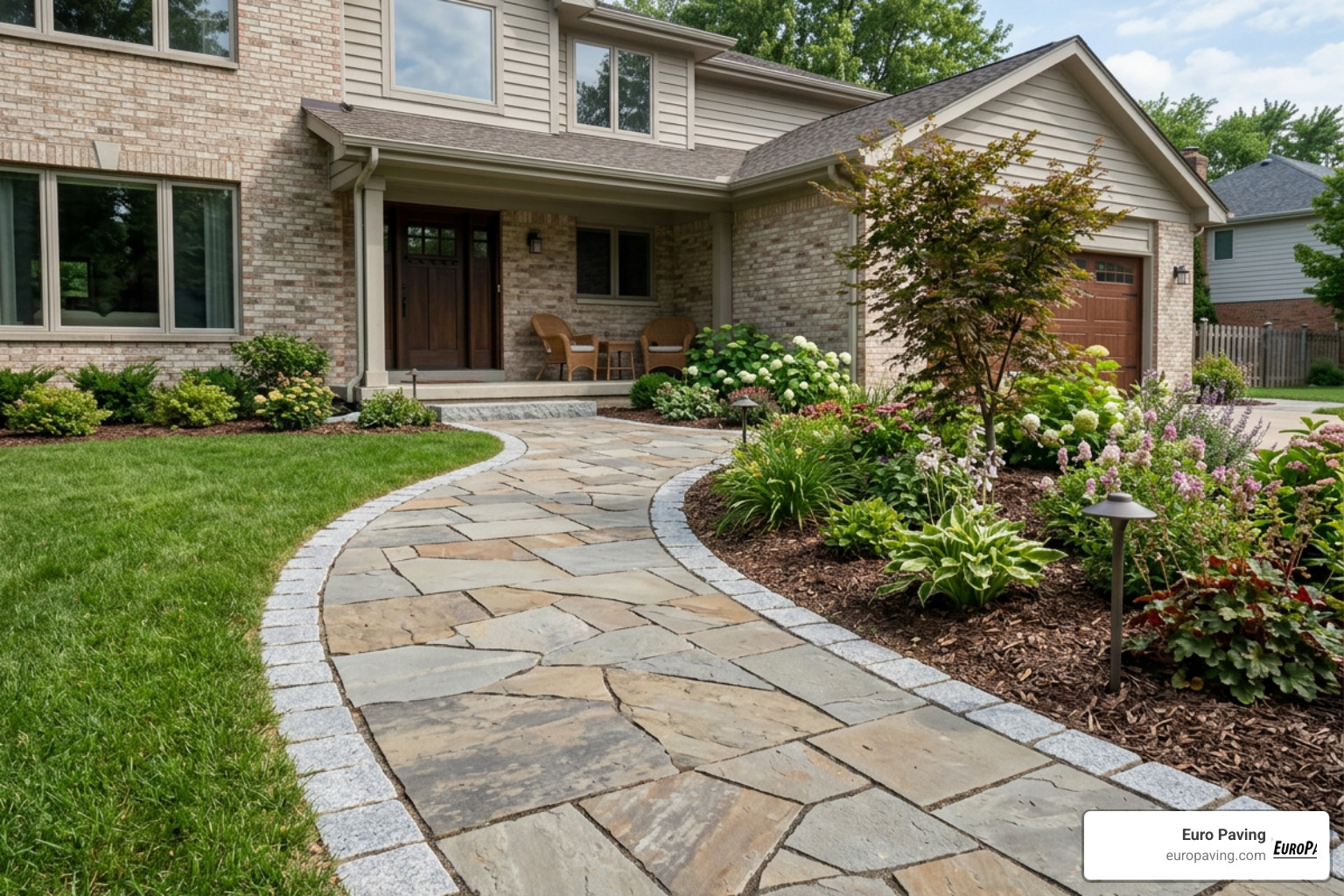 A luxurious natural stone walkway with a granite border