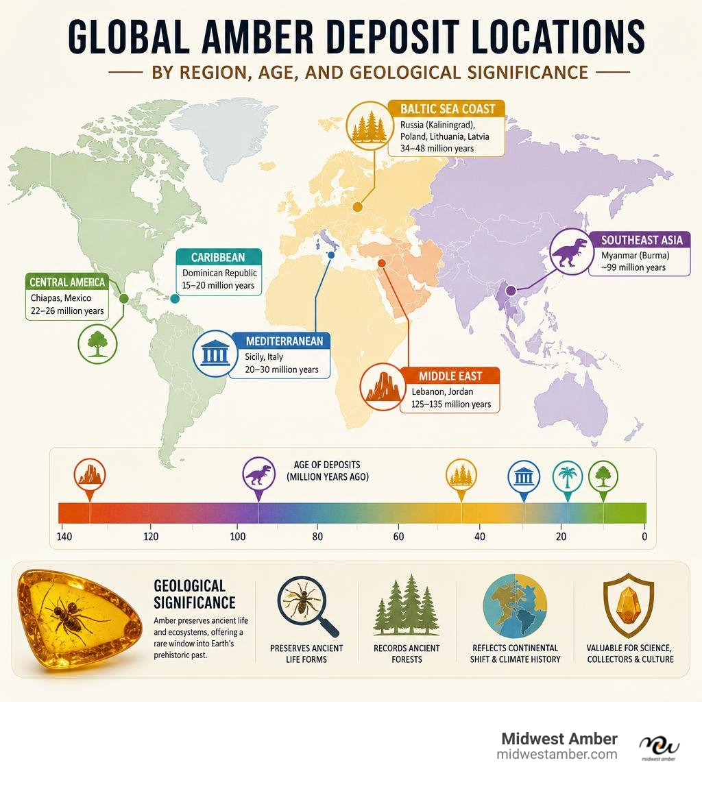 Global amber deposit locations by region, age, and geological significance infographic