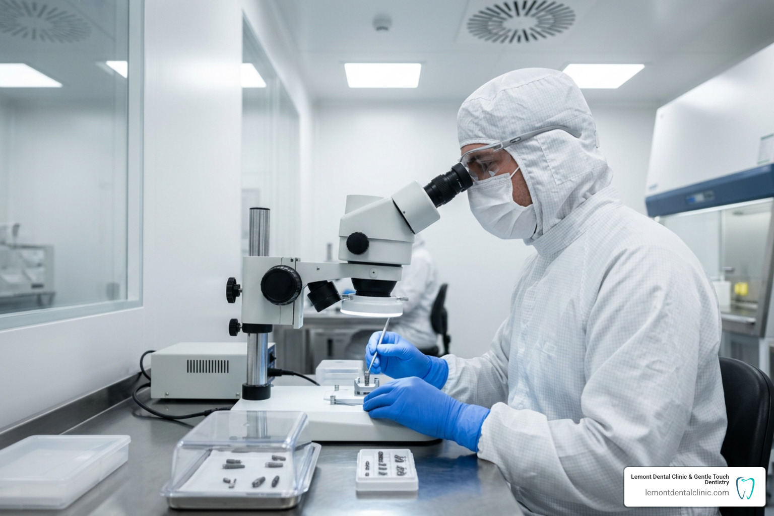 technician in an ISO Class 5 cleanroom inspecting implant components