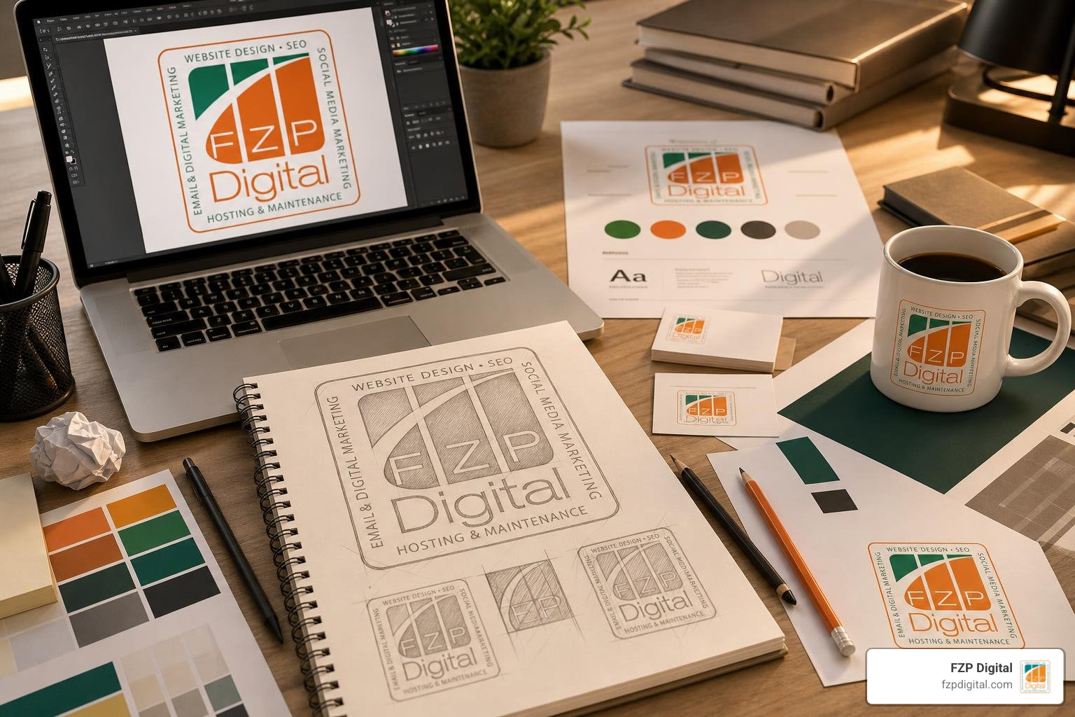creative logo design process with FZP Digital logo and brand identity elements creative logo design process with FZP Digital logo and brand identity elements