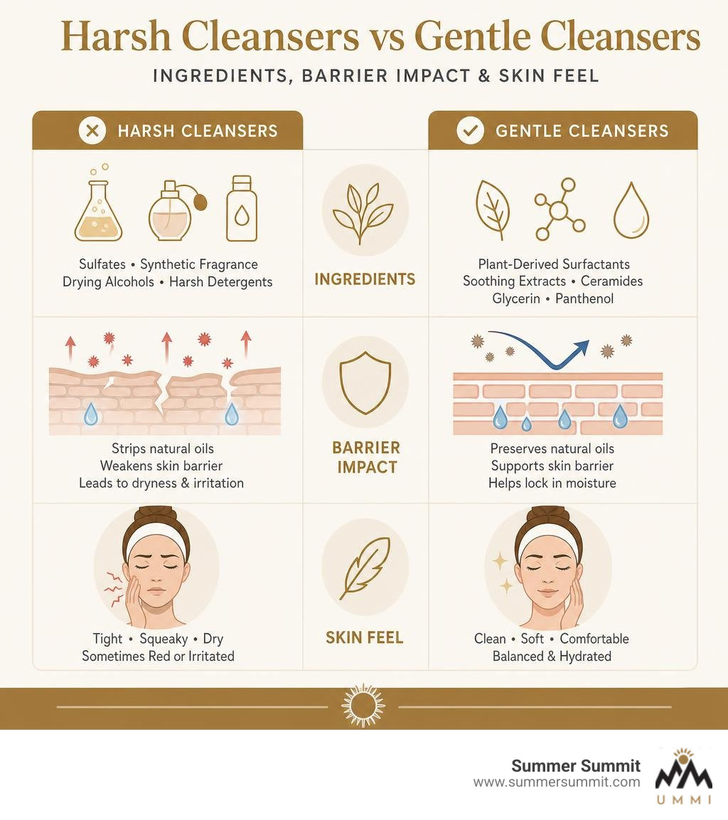 Infographic comparing harsh cleansers vs gentle cleansers: ingredients, barrier impact, and skin feel infographic Infographic comparing harsh cleansers vs gentle cleansers: ingredients, barrier impact, and skin feel infographic