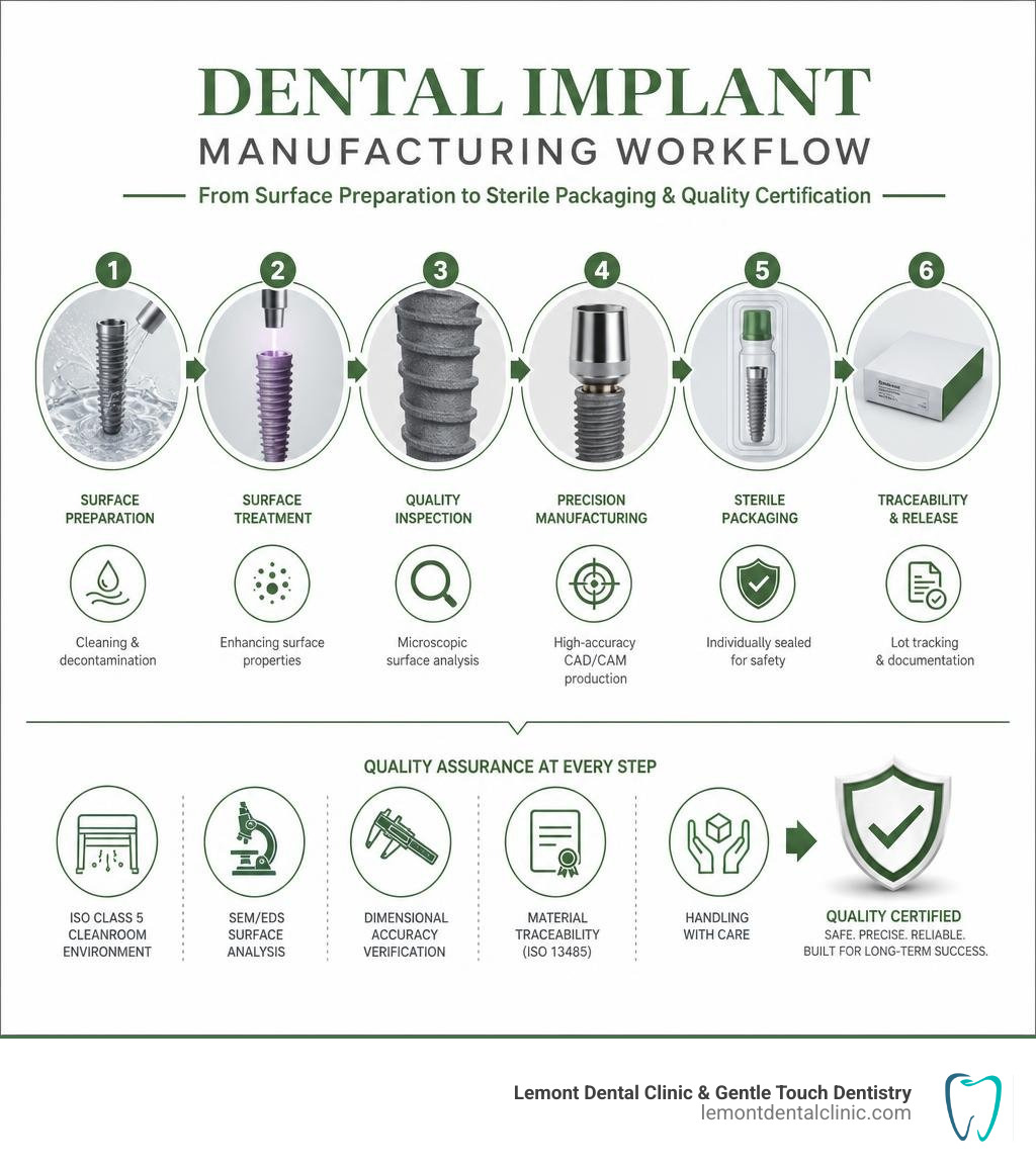 Dental implant manufacturing workflow from surface prep to sterile packaging and quality certification infographic
