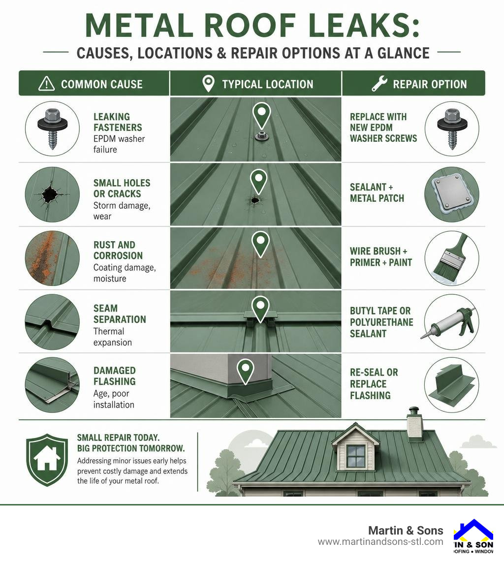Infographic showing common metal roof leak causes, locations, and repair options at a glance infographic Infographic showing common metal roof leak causes, locations, and repair options at a glance infographic