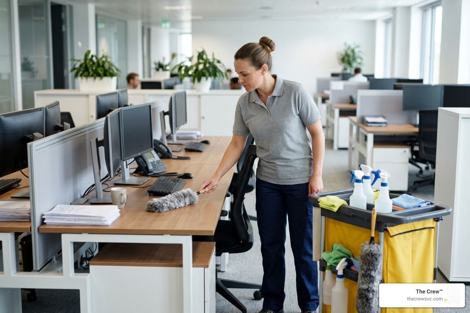 professional cleaner dusting office desks professional cleaner dusting office desks