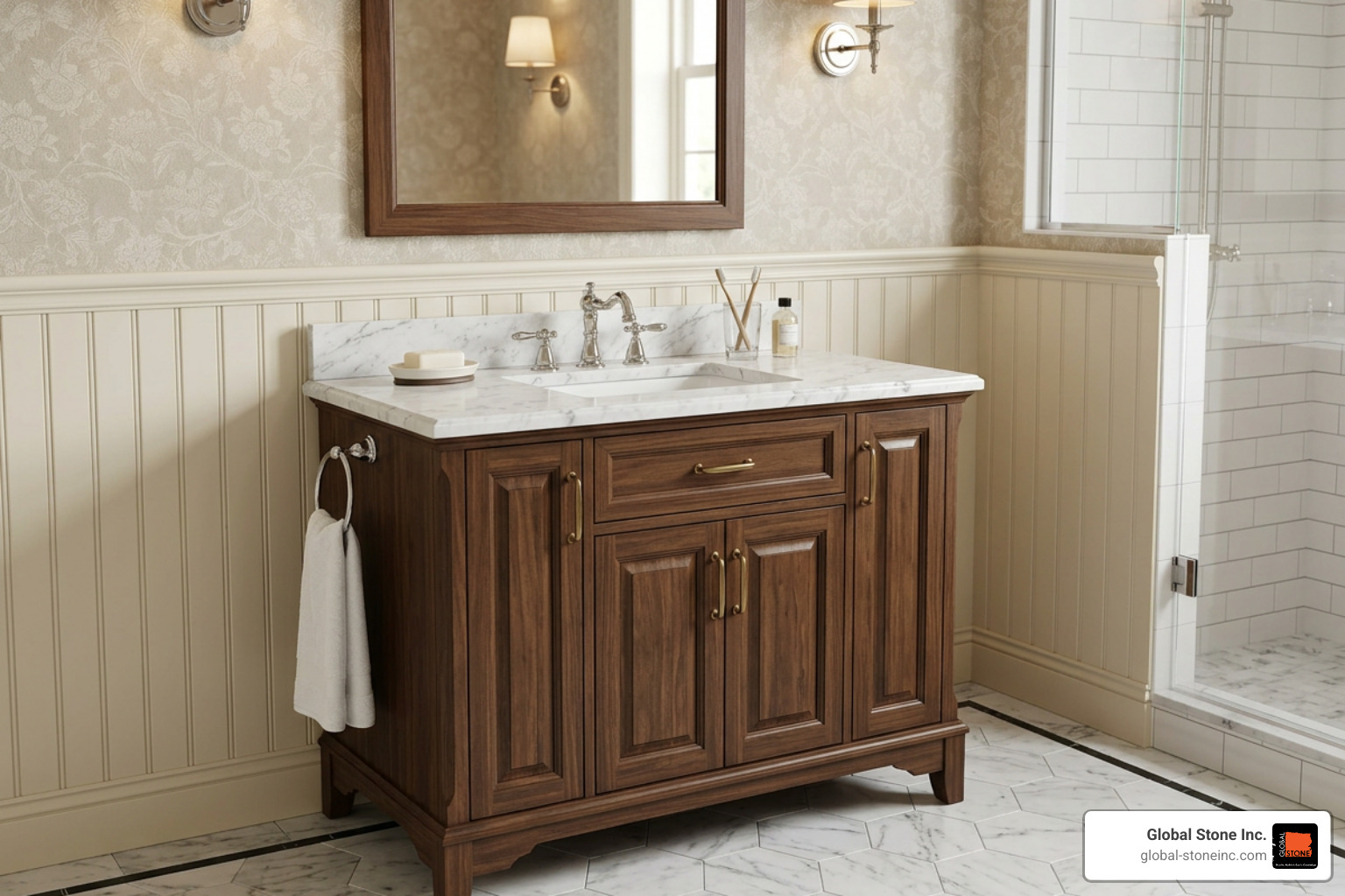Classic style 26 inch vanity with stone top and integrated sink Classic style 26 inch vanity with stone top and integrated sink