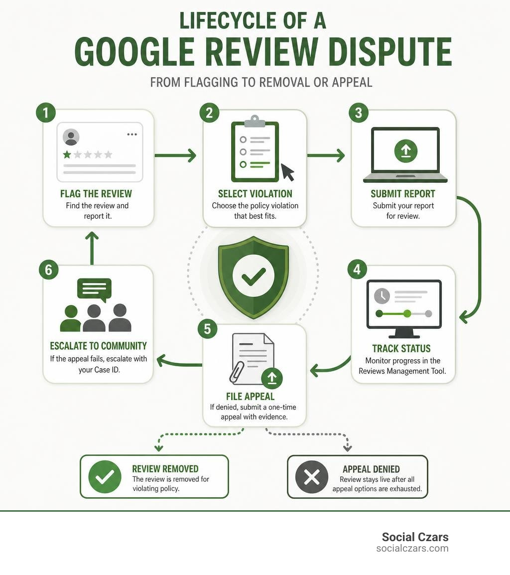 Lifecycle of a Google review dispute from flagging to removal or appeal infographic