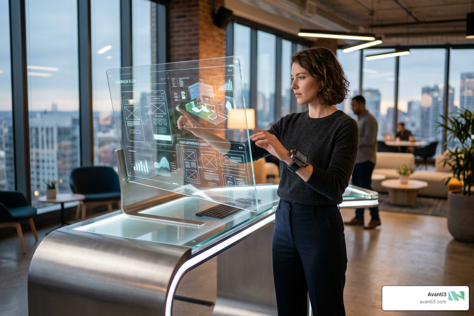 marketer designing a VR campaign interface on a virtual workstation