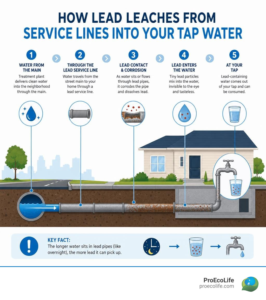 Infographic showing how lead leaches from service lines into home tap water step by step infographic