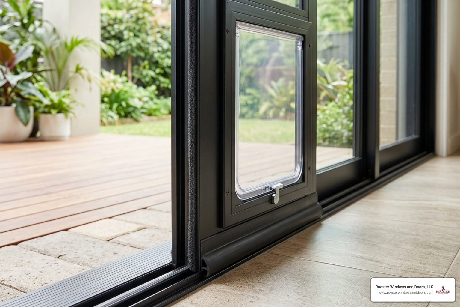 Weatherproofing seals and draft stoppers on a high-quality sliding glass pet door Weatherproofing seals and draft stoppers on a high-quality sliding glass pet door