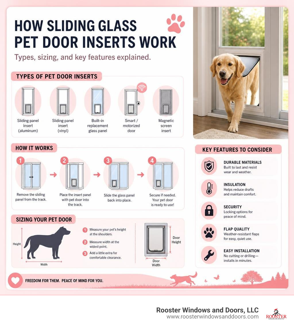 How sliding glass pet door inserts work — types, sizing, and key features explained infographic How sliding glass pet door inserts work — types, sizing, and key features explained infographic