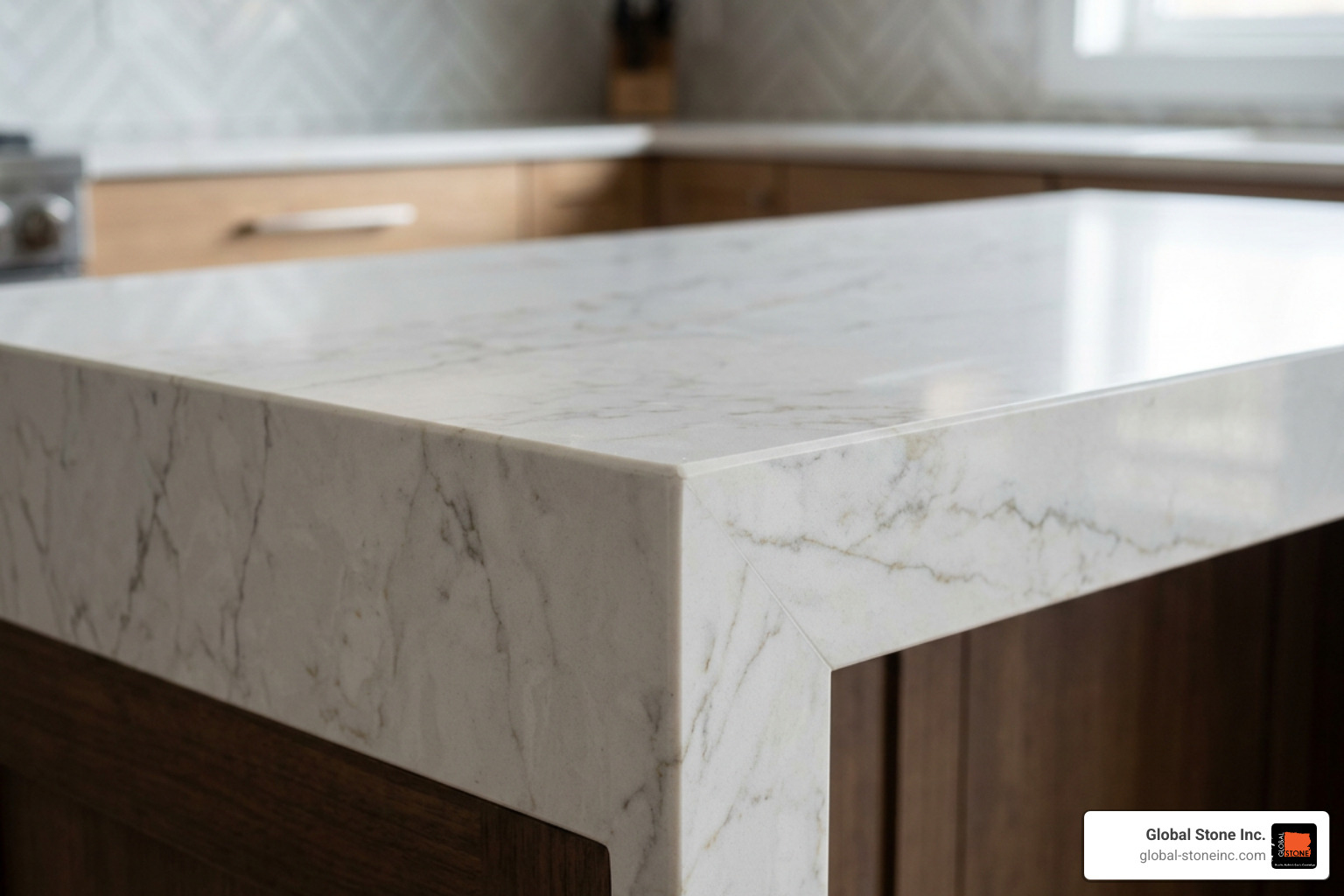 A detailed view of a premium mitered quartz countertop edge profile A detailed view of a premium mitered quartz countertop edge profile