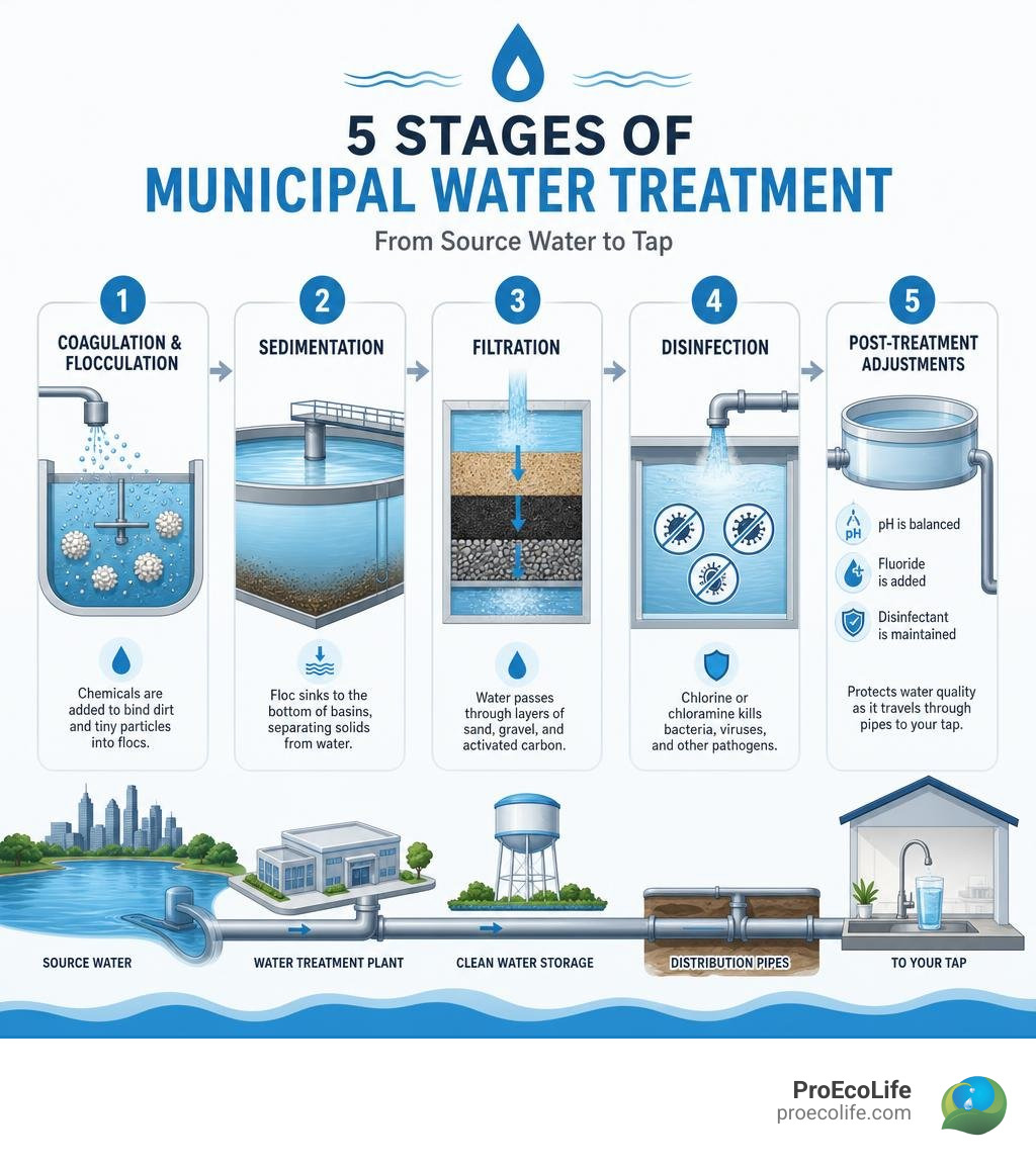 Infographic showing the 5 stages of municipal water treatment from source water to tap infographic