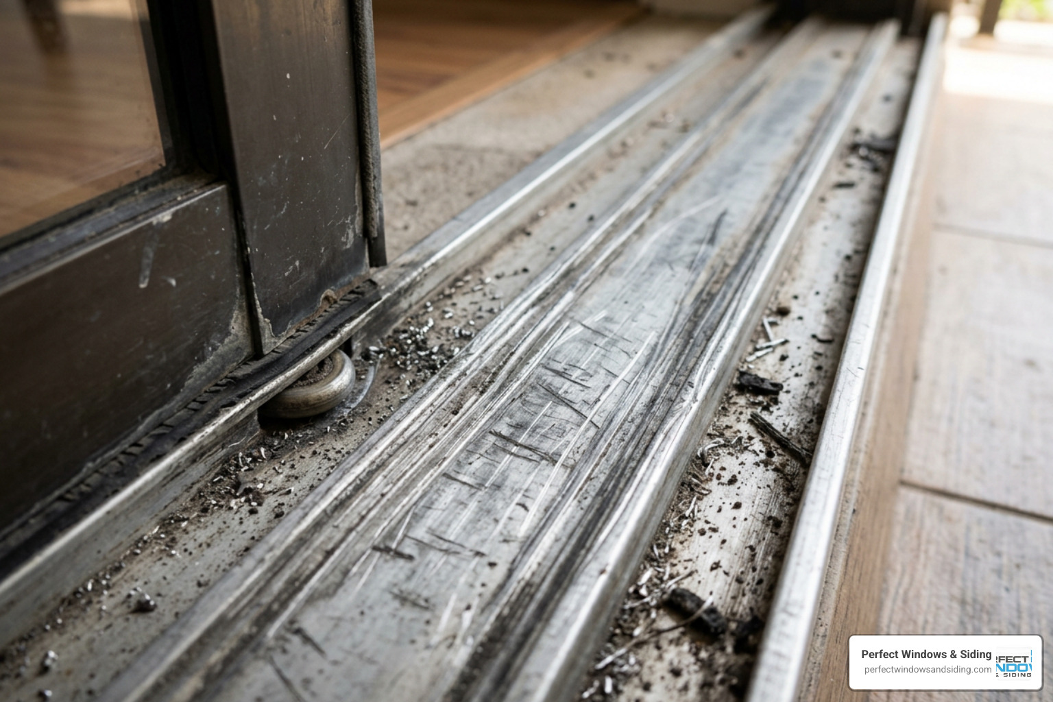 A worn out sliding door track showing deep scratches, roller wear, and metal shavings