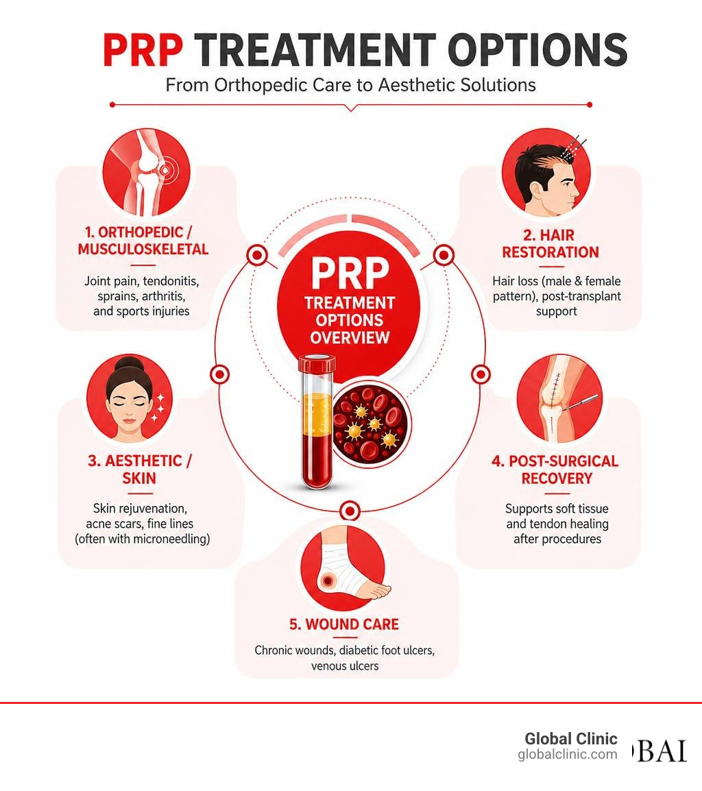 PRP treatment options overview infographic showing categories from orthopedic to aesthetic uses infographic