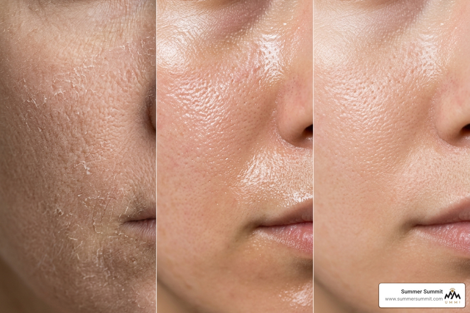 Different skin textures showing dry, oily, and combination skin types Different skin textures showing dry, oily, and combination skin types