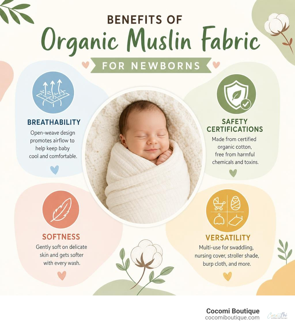 Benefits of organic muslin fabric for newborns including breathability, safety certifications, softness, and versatility