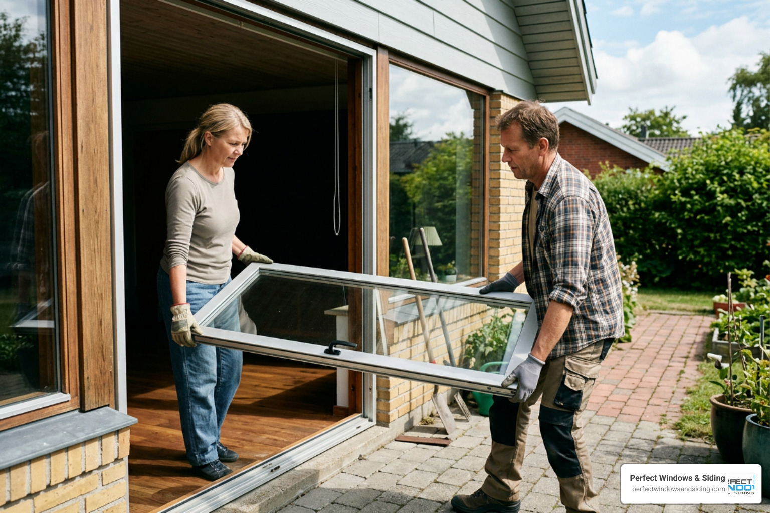 Two people lifting a sliding glass door panel out of its frame safely