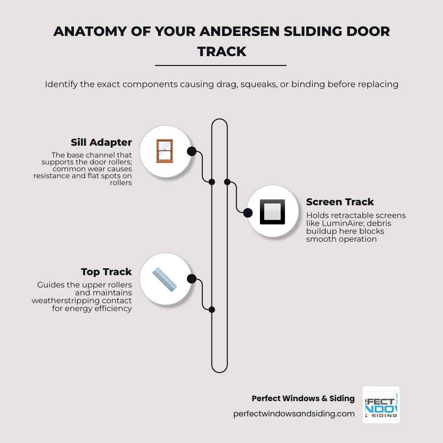 Andersen sliding door track anatomy infographic showing sill adapter, screen track, top track, and roller components