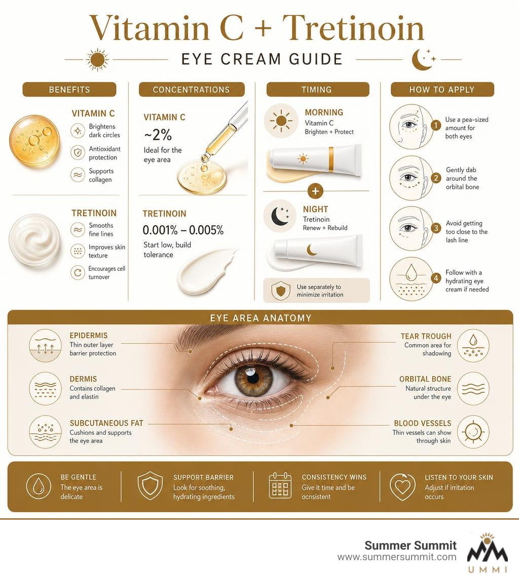 Infographic showing vitamin C and tretinoin eye cream benefits, concentrations, timing, and eye area anatomy infographic Infographic showing vitamin C and tretinoin eye cream benefits, concentrations, timing, and eye area anatomy infographic