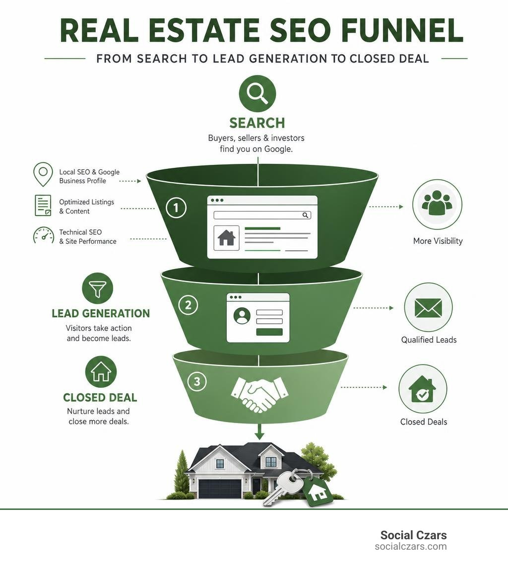 Real estate SEO funnel from search to lead generation to closed deal infographic
