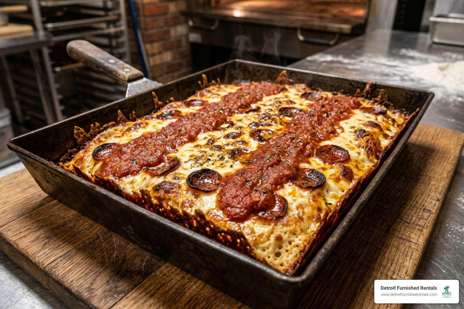 Cloverleaf specialty pizza fresh from the deck oven with crispy edges
