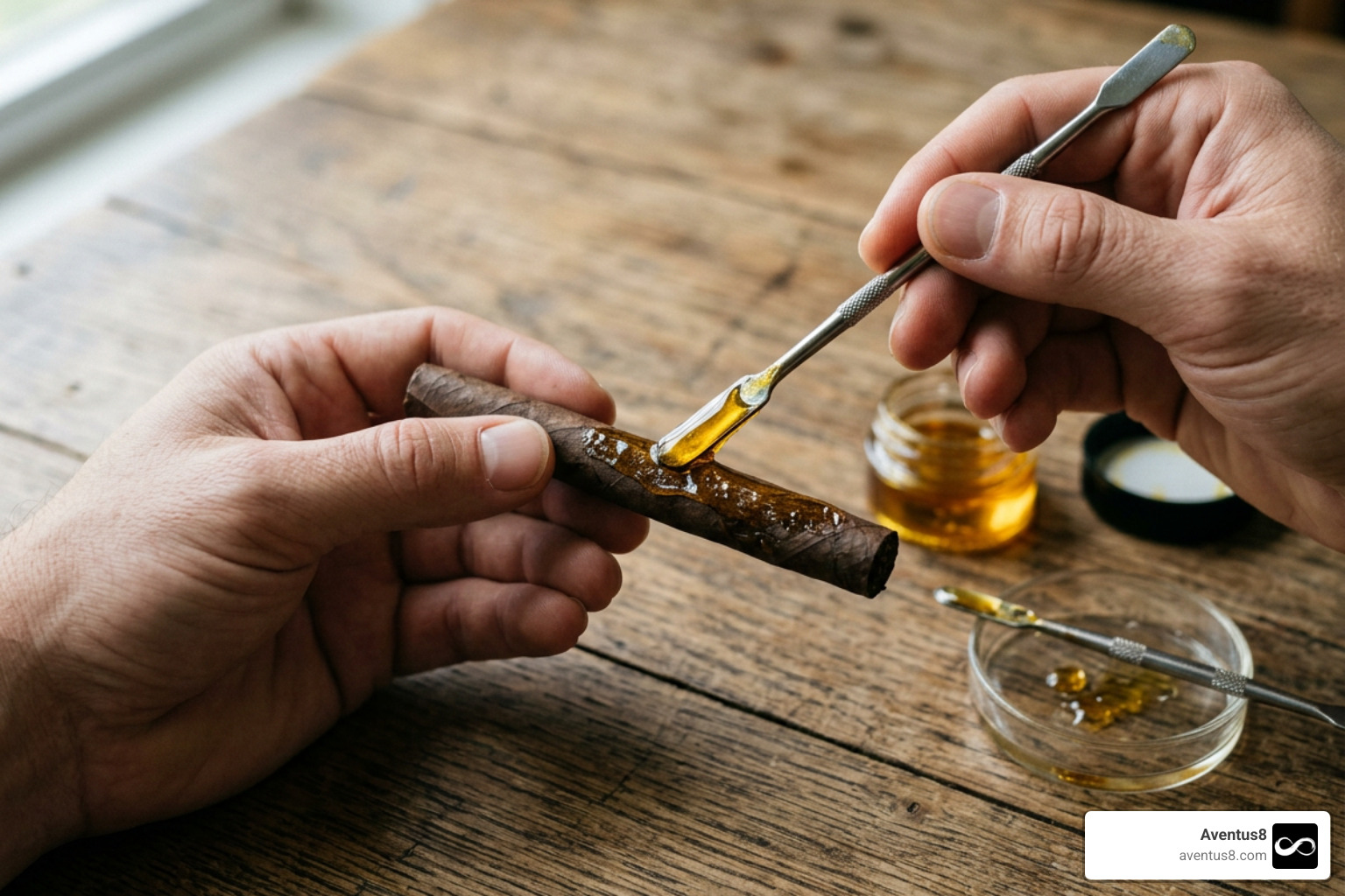 Preparing a cannabis blunt with golden concentrate oil Preparing a cannabis blunt with golden concentrate oil