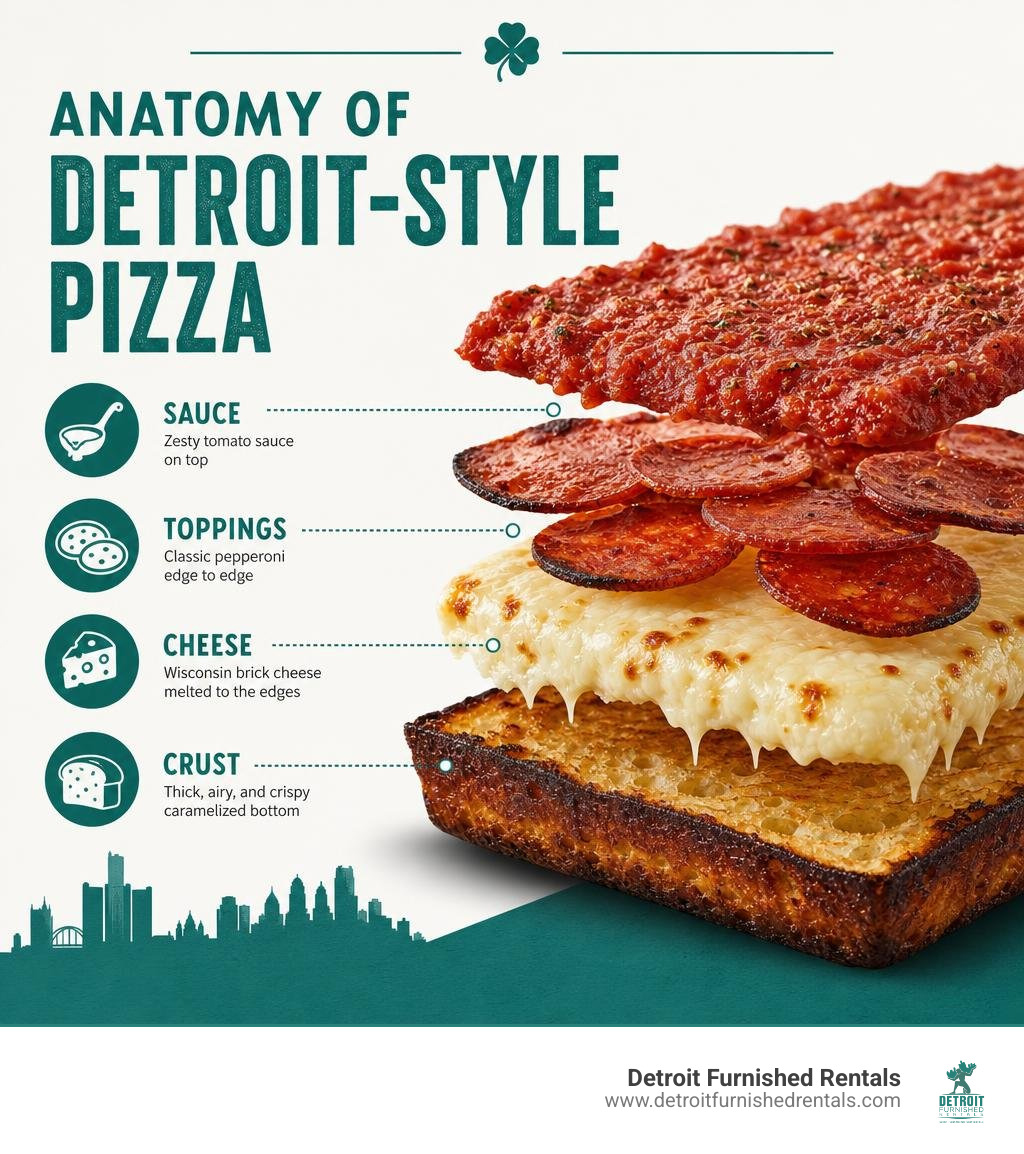Anatomy of Detroit-style pizza infographic with crust, cheese, toppings, and sauce layers infographic
