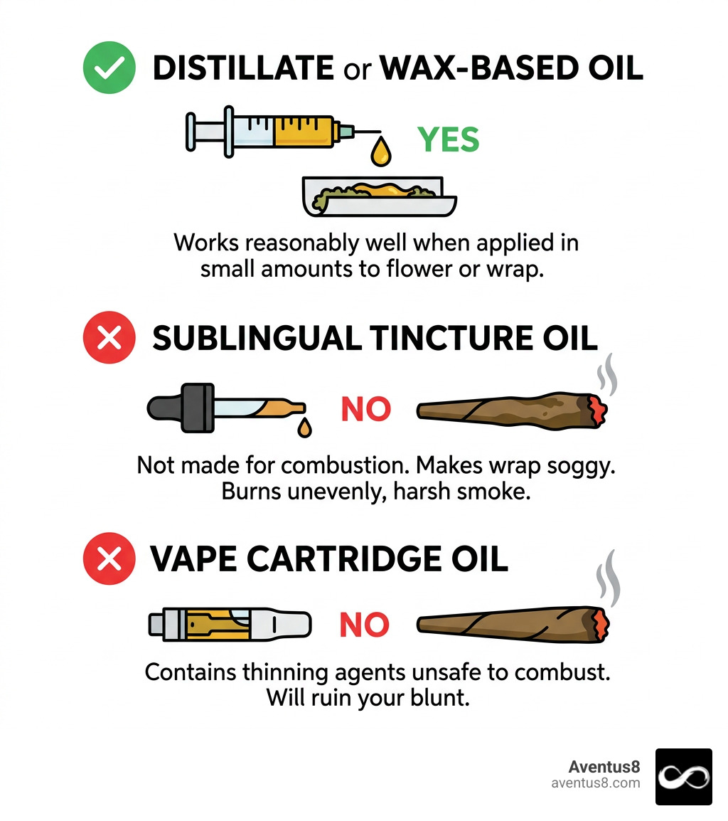 Infographic comparing THC oil types for blunt infusion: distillate yes, tincture no, vape oil no infographic Infographic comparing THC oil types for blunt infusion: distillate yes, tincture no, vape oil no infographic