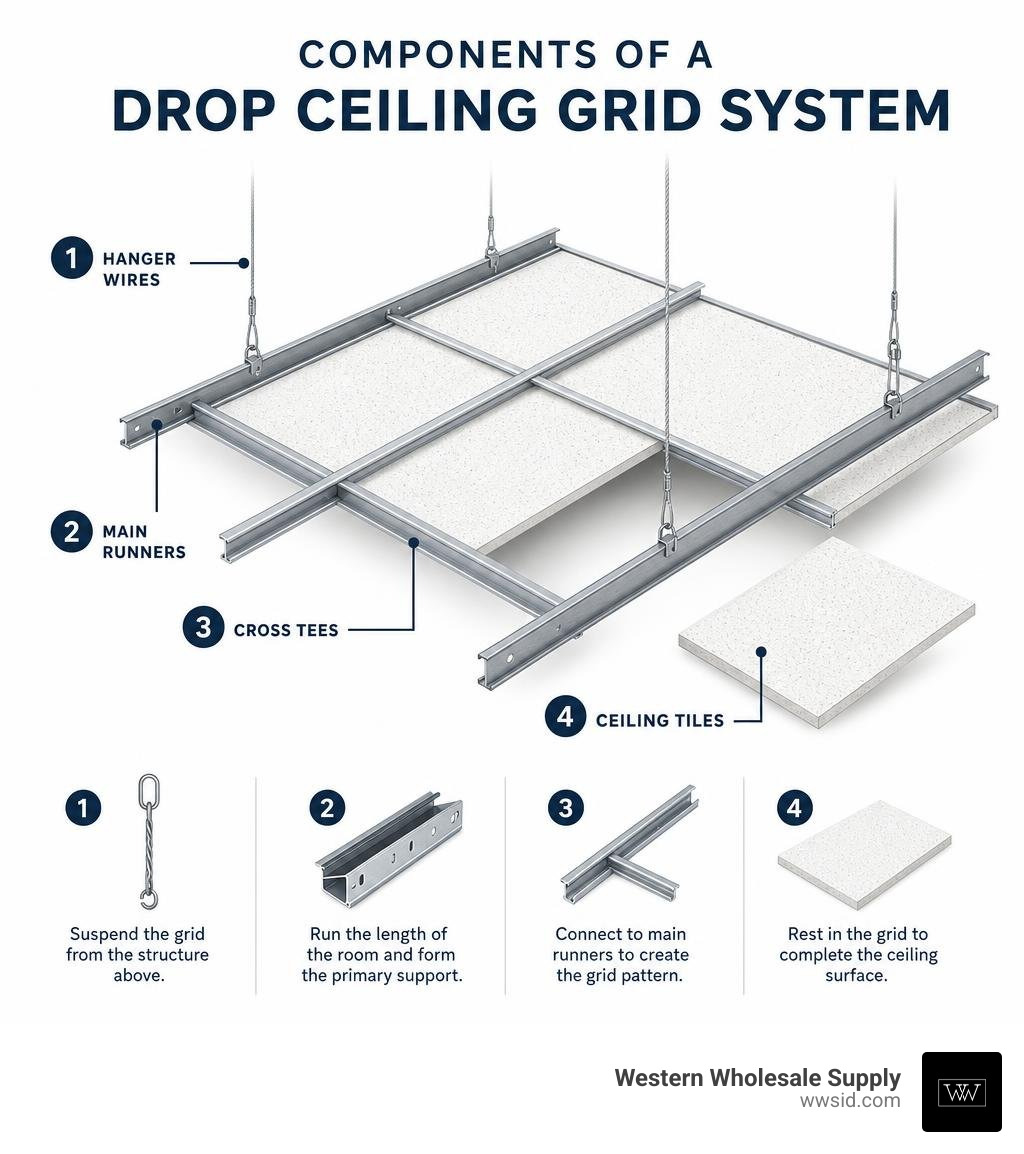 Components of a drop ceiling grid system with tiles, main runners, cross tees, and hanger wires infographic Components of a drop ceiling grid system with tiles, main runners, cross tees, and hanger wires infographic