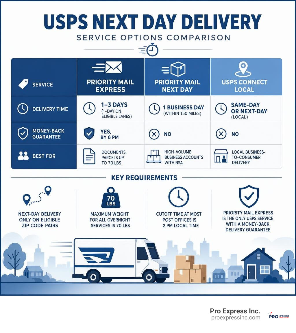 USPS next day delivery service options comparison infographic with transit times and key requirements infographic