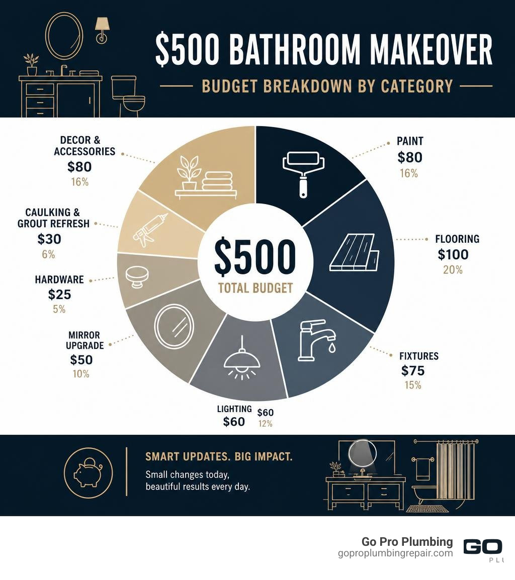 Infographic showing $500 bathroom makeover budget breakdown by category infographic