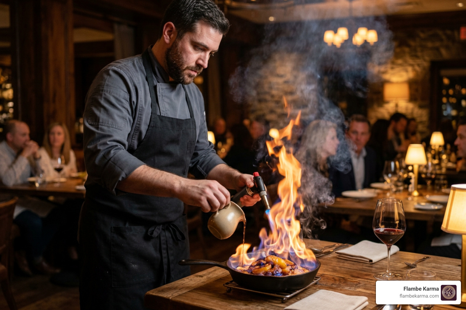 Chef finishing a signature dish with dramatic smoke and fire elements at the table