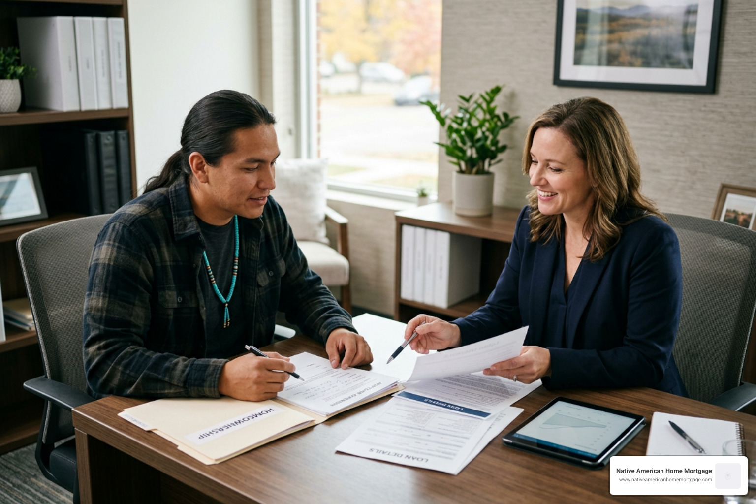 A Native American homebuyer in a mortgage consultation with a loan officer