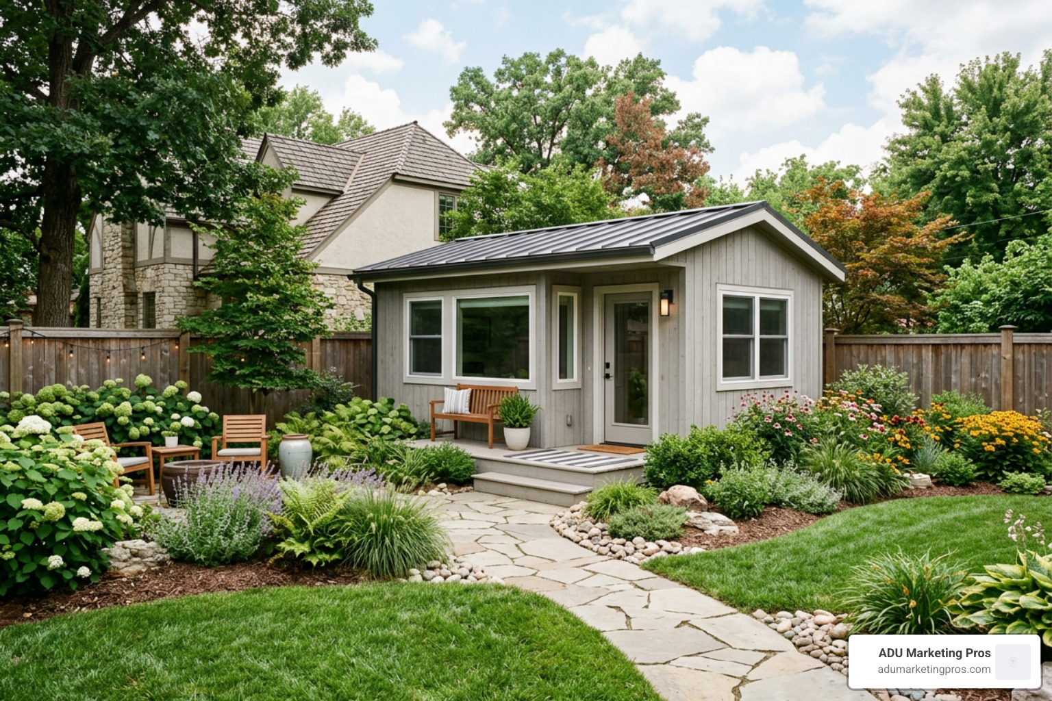 A beautifully landscaped backyard featuring a modern, affordable granny flat