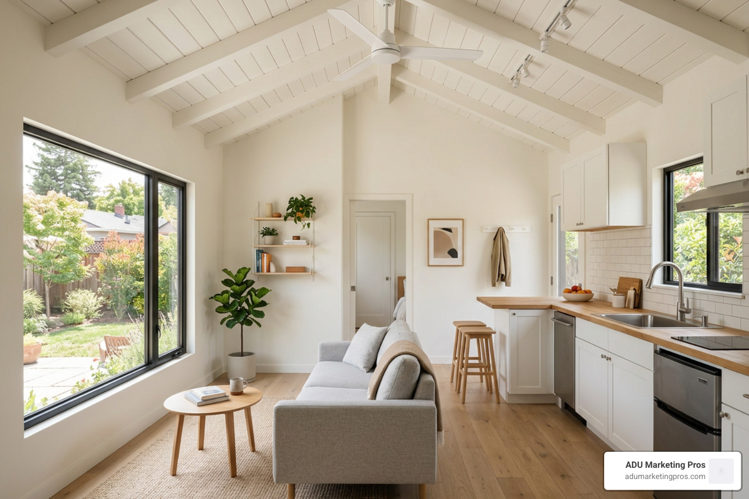 Modern interior of a compact, budget-friendly 1-bedroom granny flat showing open plan living