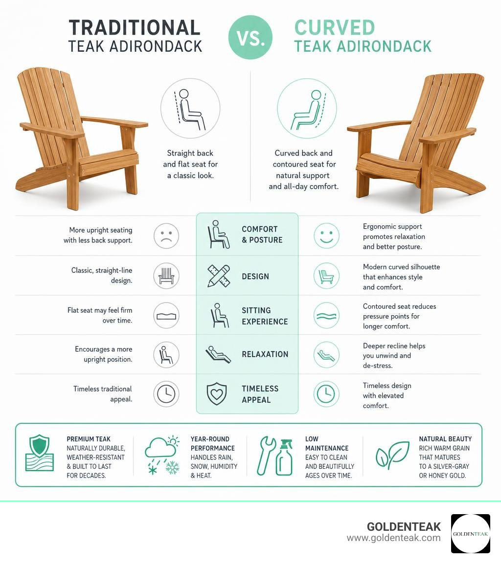 Infographic comparing traditional vs curved teak Adirondack chair design features and benefits infographic Infographic comparing traditional vs curved teak Adirondack chair design features and benefits infographic