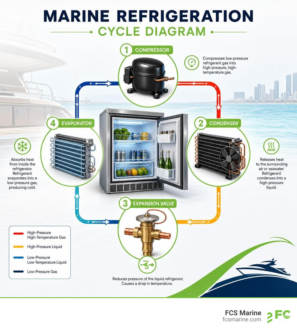Marine refrigeration cycle diagram showing compressor condenser expansion valve and evaporator infographic Marine refrigeration cycle diagram showing compressor condenser expansion valve and evaporator infographic