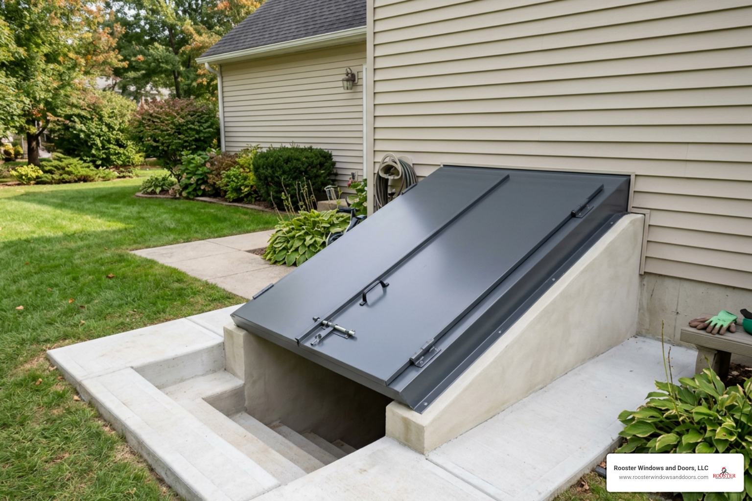 newly installed steel bulkhead door cellar door emergency egress foundation protection newly installed steel bulkhead door cellar door emergency egress foundation protection