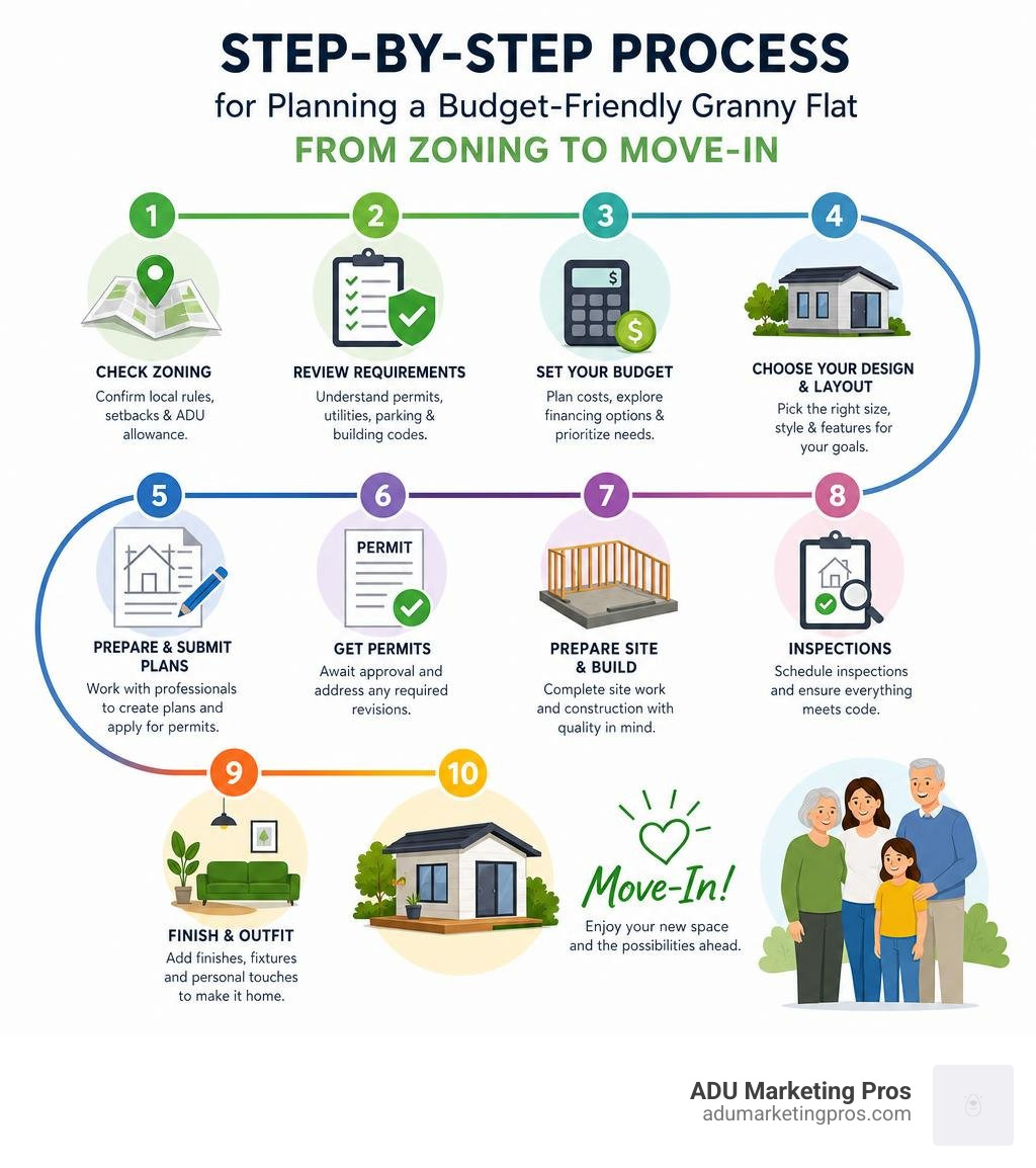Step-by-step process for planning a budget-friendly granny flat from zoning to move-in infographic