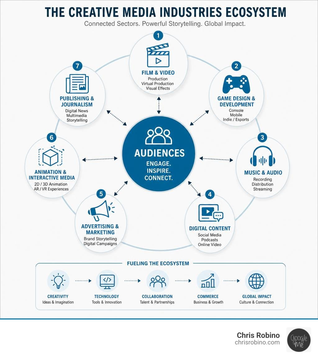 Overview of the creative media industries ecosystem and key sectors infographic