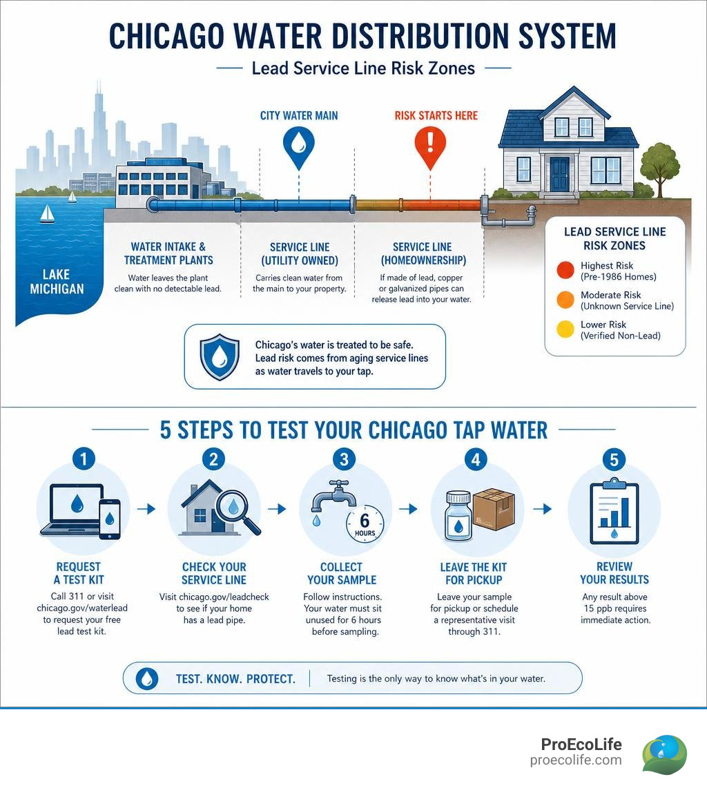 Chicago water distribution system infographic showing lead service line risk zones and testing steps infographic